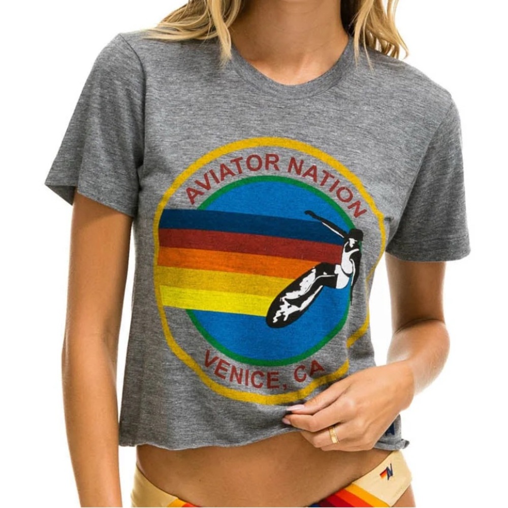 Aviator Nation Gray Tee with Rainbow Stripes